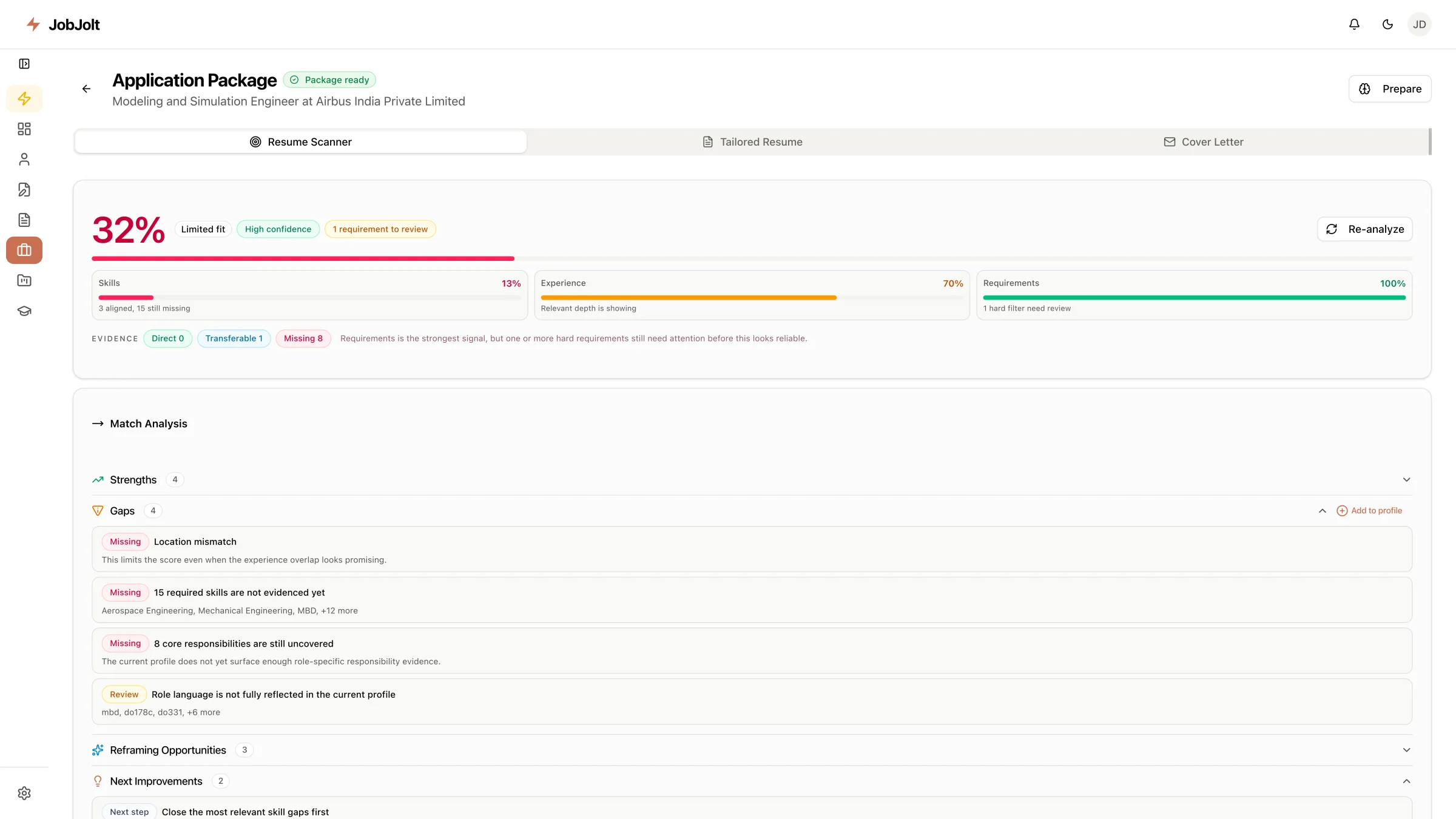 JobJolt fit-score analysis showing an AI match score and skill breakdown for a job posting