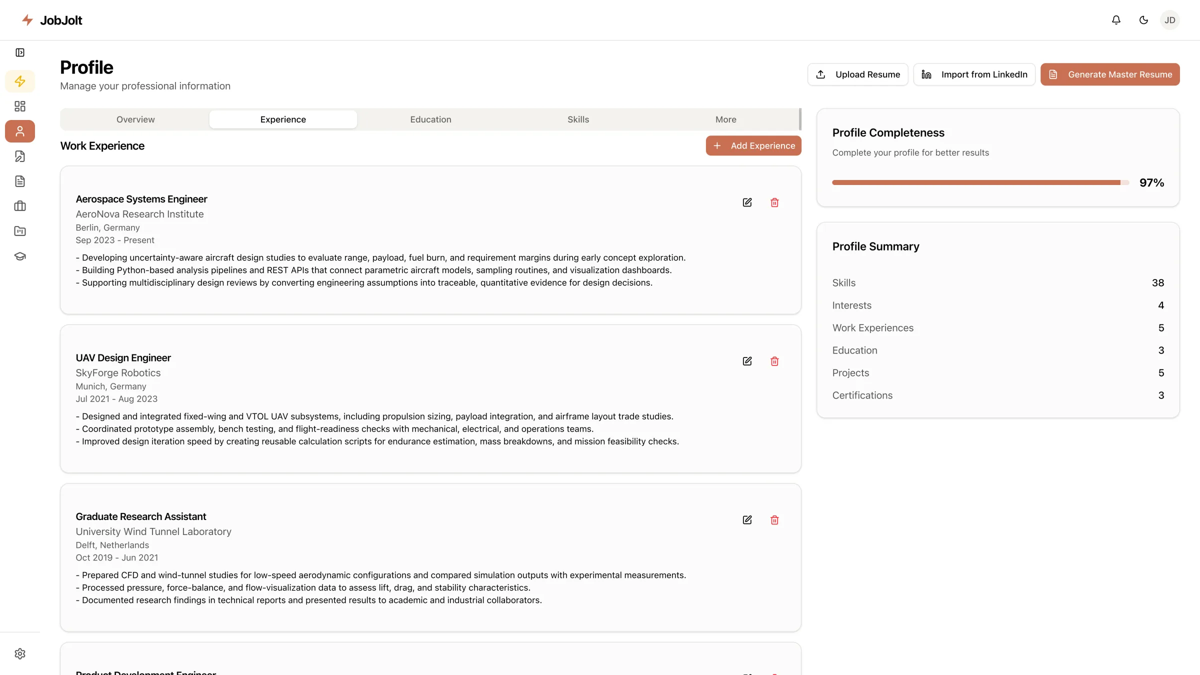 JobJolt career profile screen where users build their work history, skills and education